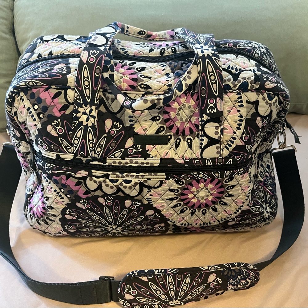 Vera Bradley Black Purple Gray Quilted Travel Bag with Shoulder Strap
